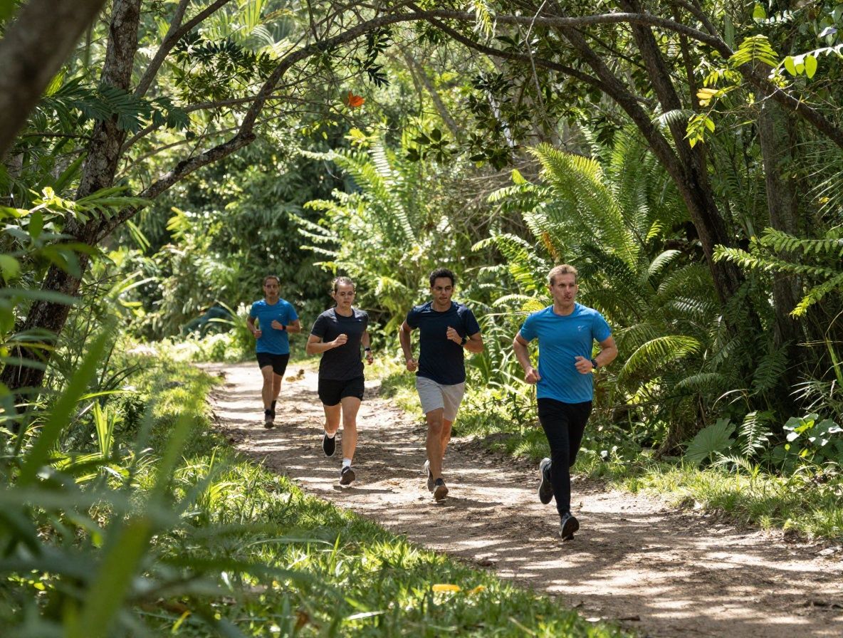 Persona corriendo en un sendero rodeado de naturaleza, árboles frondosos y luz filtrada entre las ramas en un día luminoso