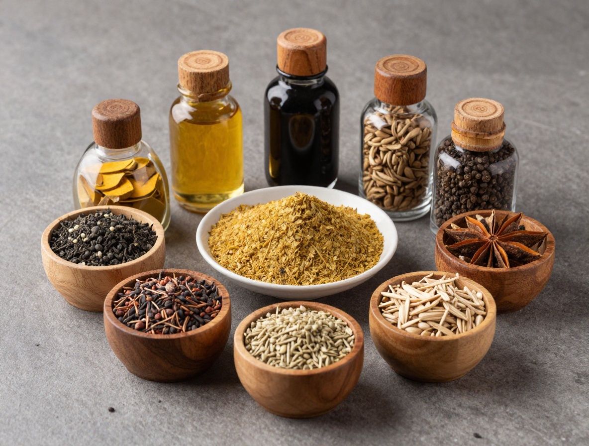 Conjunto de especias y semillas exóticas en cucharas de madera: cúrcuma dorada, canela en rama, semillas de cilantro y pimienta negra sobre superficie natural