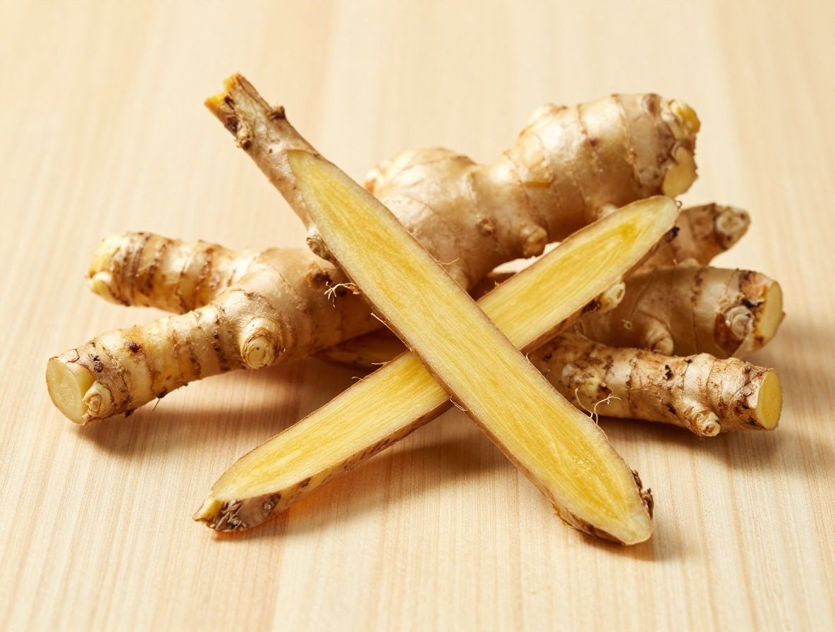 Rebanadas de raíz de jengibre fresco sobre una tabla de madera, mostrando su textura fibrosa y color amarillo cálido con fondo neutro beige