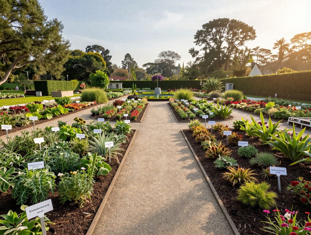 Vista panorámica de jardín botánico de investigación con hileras ordenadas de plantas medicinales etiquetadas, caminos de grava y luz de tarde dorada