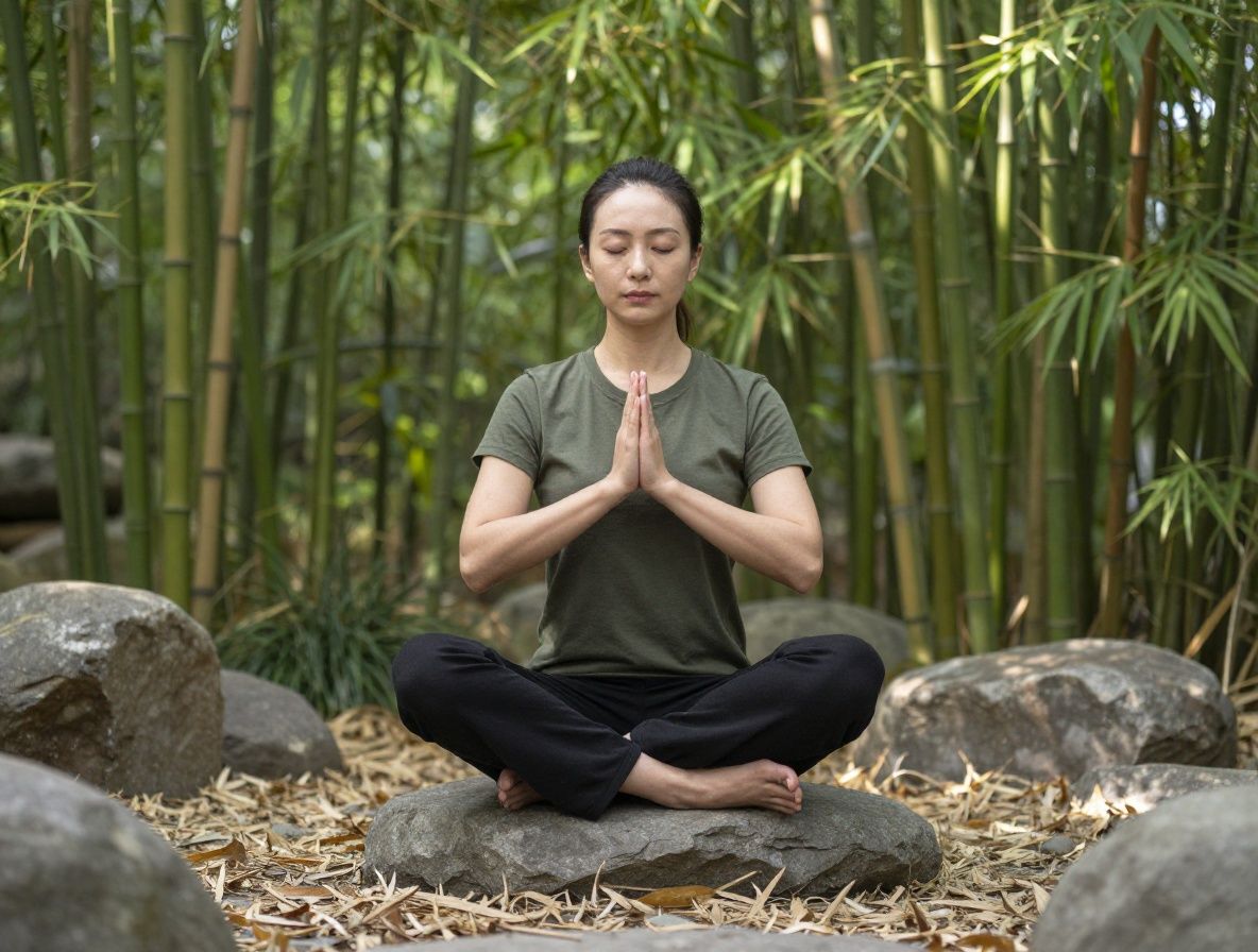 Persona sentada en meditación en un jardín de piedras zen con plantas de bambú y suaves rayos de luz entre la vegetación
