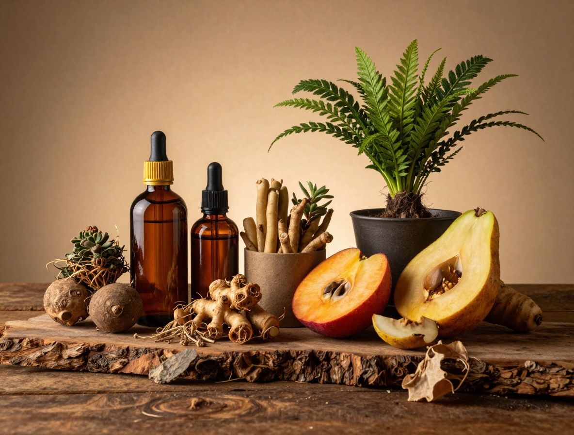 Colección diversa de ingredientes naturales botánicos: raíces, hierbas, frutas tropicales y hojas aromáticas sobre una superficie de madera rústica con luz cálida lateral