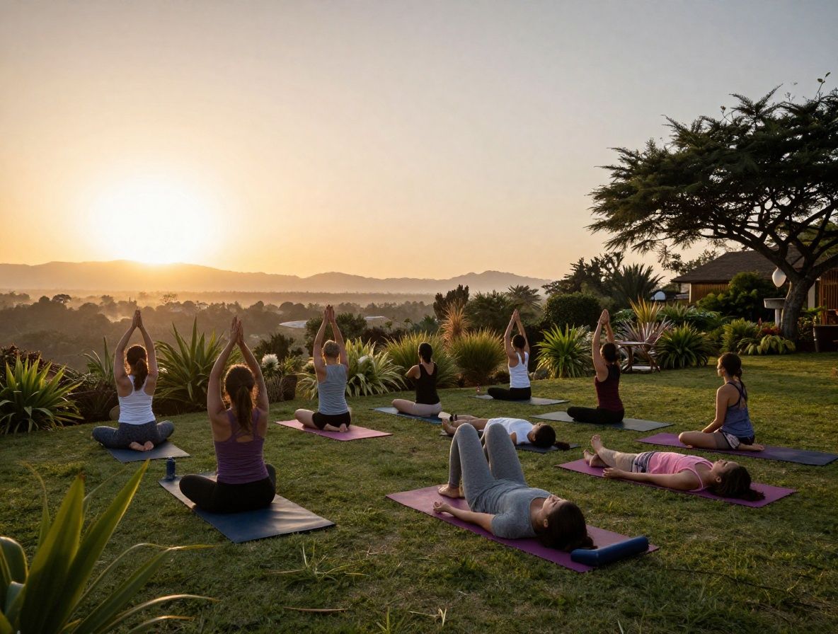 Vista cenital de un grupo de personas practicando yoga al amanecer en un jardín con plantas verdes, atmósfera serena y luz cálida de la mañana